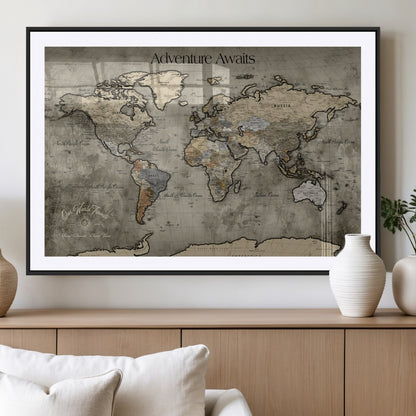 72658967-MGV-CV-36X24-Personalized World Map Wall Art – Adventure Awaits Rustic Sepia Travel Map with Custom Names, Vintage Wall Decor for Couples, Home