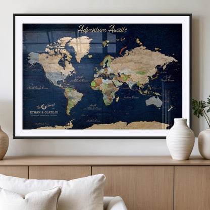 80965072-MGV-CV-36X24-Personalized World Map Wall Art – Adventure Awaits Navy Blue Travel Map with Custom Names, Rustic Vintage Wall Decor for Couples,