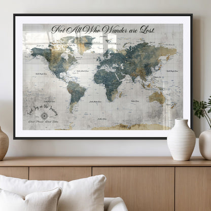 16233493-MGC-FP-36x24_Black-Personalized World Map Wall Art – Rustic Blue Green Wanderlust Travel Map with Custom Couple Names, Vintage Wall Decor for Home