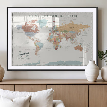 69180591-MGV-CV-36X24-Personalized World Map Wall Art – Rustic Vintage Adventure Travel Map with Custom Family Names, Unique Wall Decor for Couples,