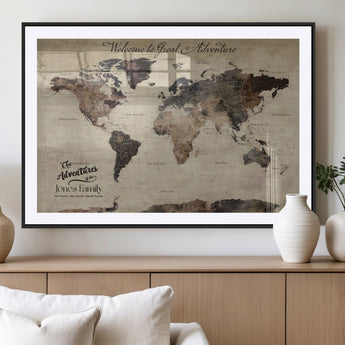 78610079-MGV-CV-36X24-Personalized World Map Wall Art – Vintage Rustic Travel Map with Custom Family Name, Adventure Wall Decor for Home, Family Gift or