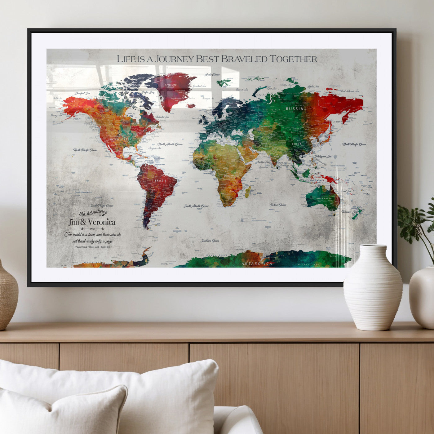 95876117-MGV-CV-36X24-Personalized World Map Wall Art – Colorful Watercolor Travel Map with Custom Names, Romantic Wall Decor for Couples, Wedding or