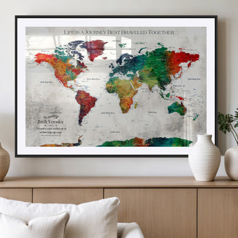 95876117-MGV-CV-36X24-Personalized World Map Wall Art – Colorful Watercolor Travel Map with Custom Names, Romantic Wall Decor for Couples, Wedding or