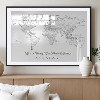 43438578-MGV-CV-36X24-Personalized World Map Wall Art – Black and White Minimal Travel Map with Custom Names, Elegant Wall Decor for Couples, Wedding or