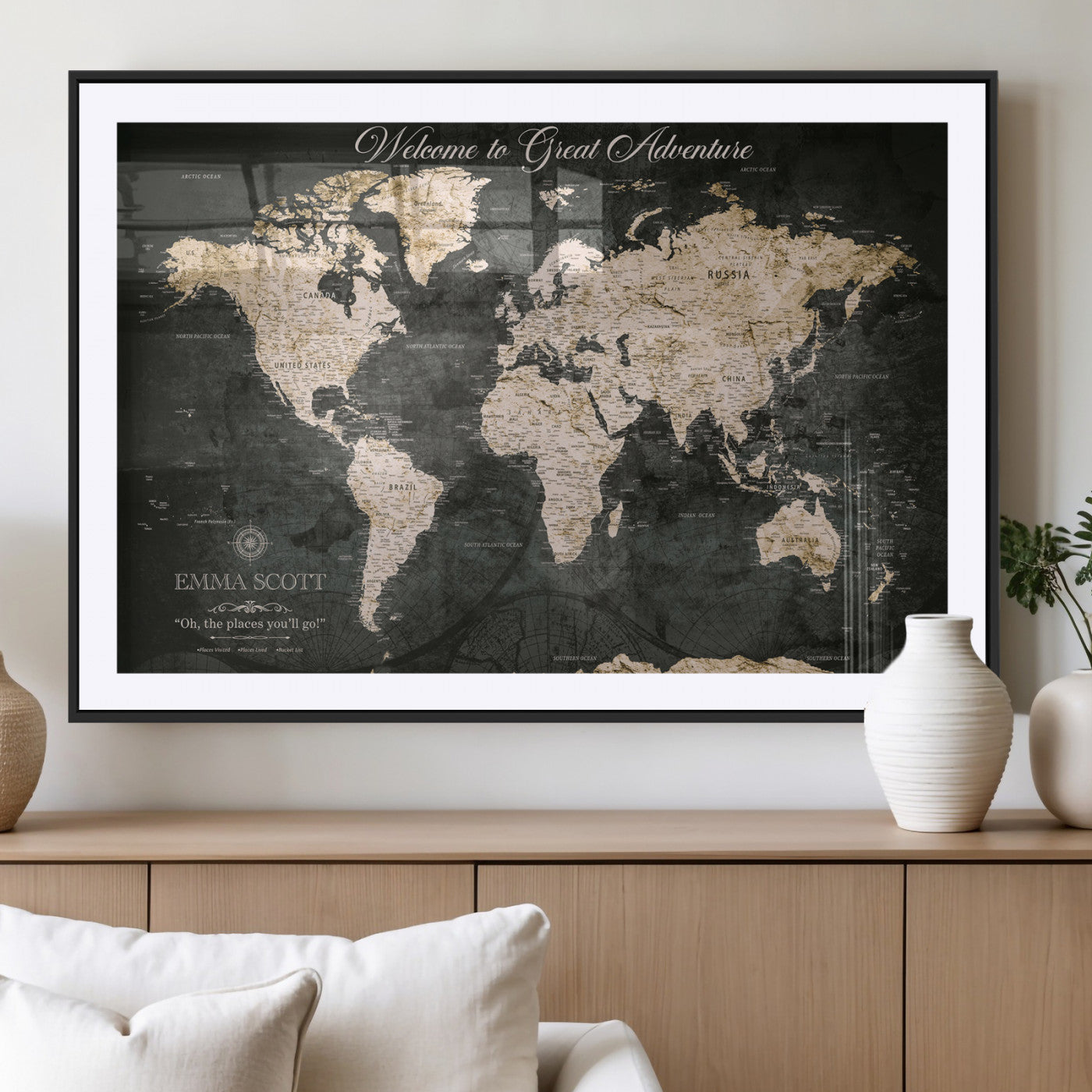 70534097-MGV-CV-36X24-Personalized World Map Wall Art – Dark Vintage Adventure Style Travel Map with Custom Names, Unique Wall Decor for Couples, Home