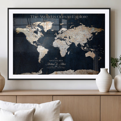 13231361-MGV-CV-36X24-Personalized World Map Wall Art – Navy Blue Vintage Adventure Travel Map with Custom Names, Elegant Push Pin Canvas for Couples