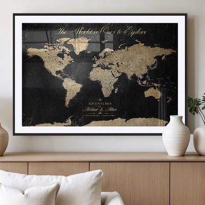 98947257-MGV-CV-36X24-Personalized World Map Wall Art – Vintage Black Adventure Travel Map with Custom Names, Elegant Push Pin Canvas for Couples Home