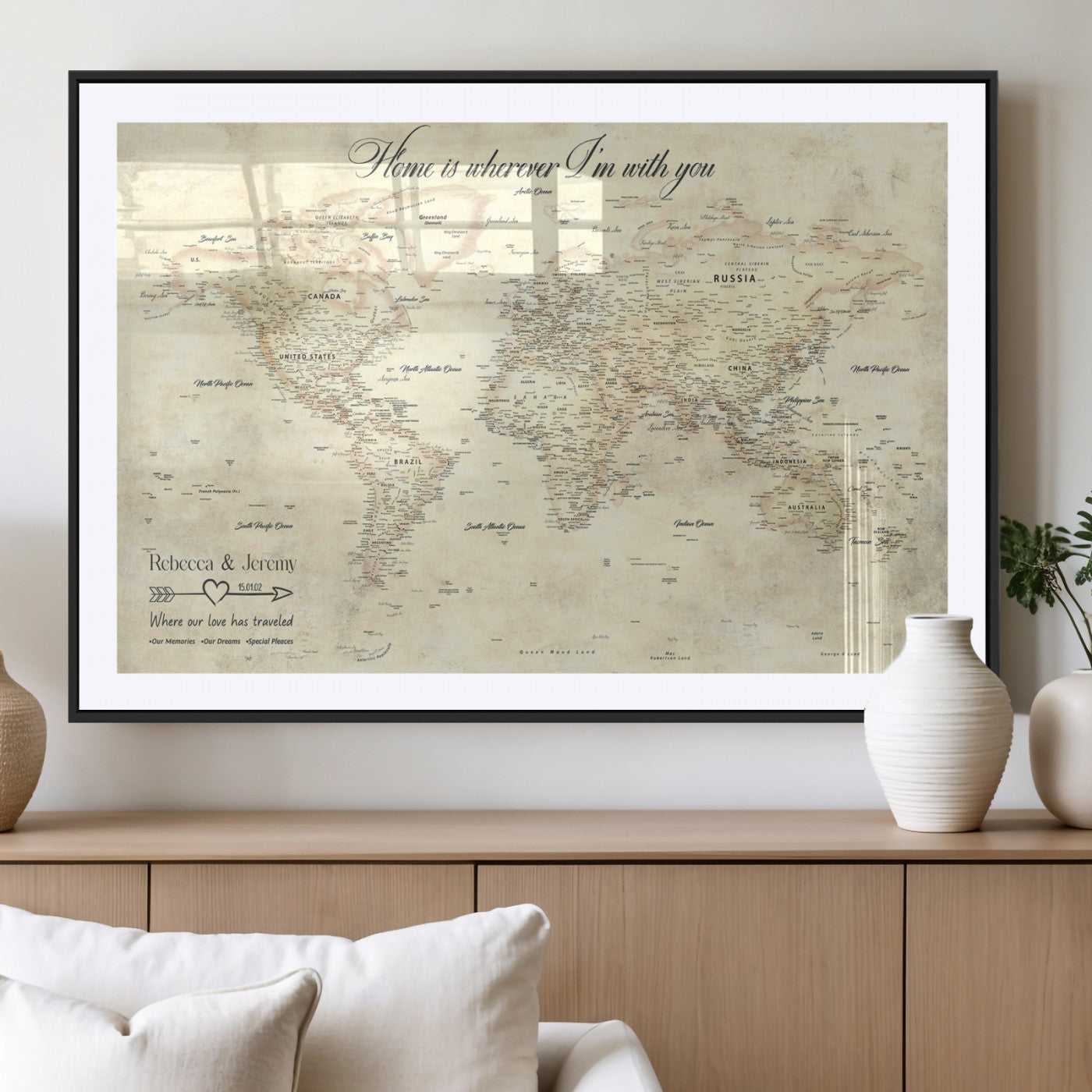57950315-MGV-CV-36X24-Personalized World Map Wall Art – Vintage Beige Travel Map with Custom Names, Romantic Anniversary Gift for Couples, Adventure