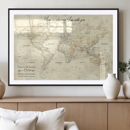 57950315-MGV-CV-36X24-Personalized World Map Wall Art – Vintage Beige Travel Map with Custom Names, Romantic Anniversary Gift for Couples, Adventure