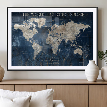 16933330-MGC-FP-36x24_Black-Personalized World Map Wall Art – Navy Blue Vintage Travel Map with Custom Names, Anniversary Gift for Couples Romantic Adventure