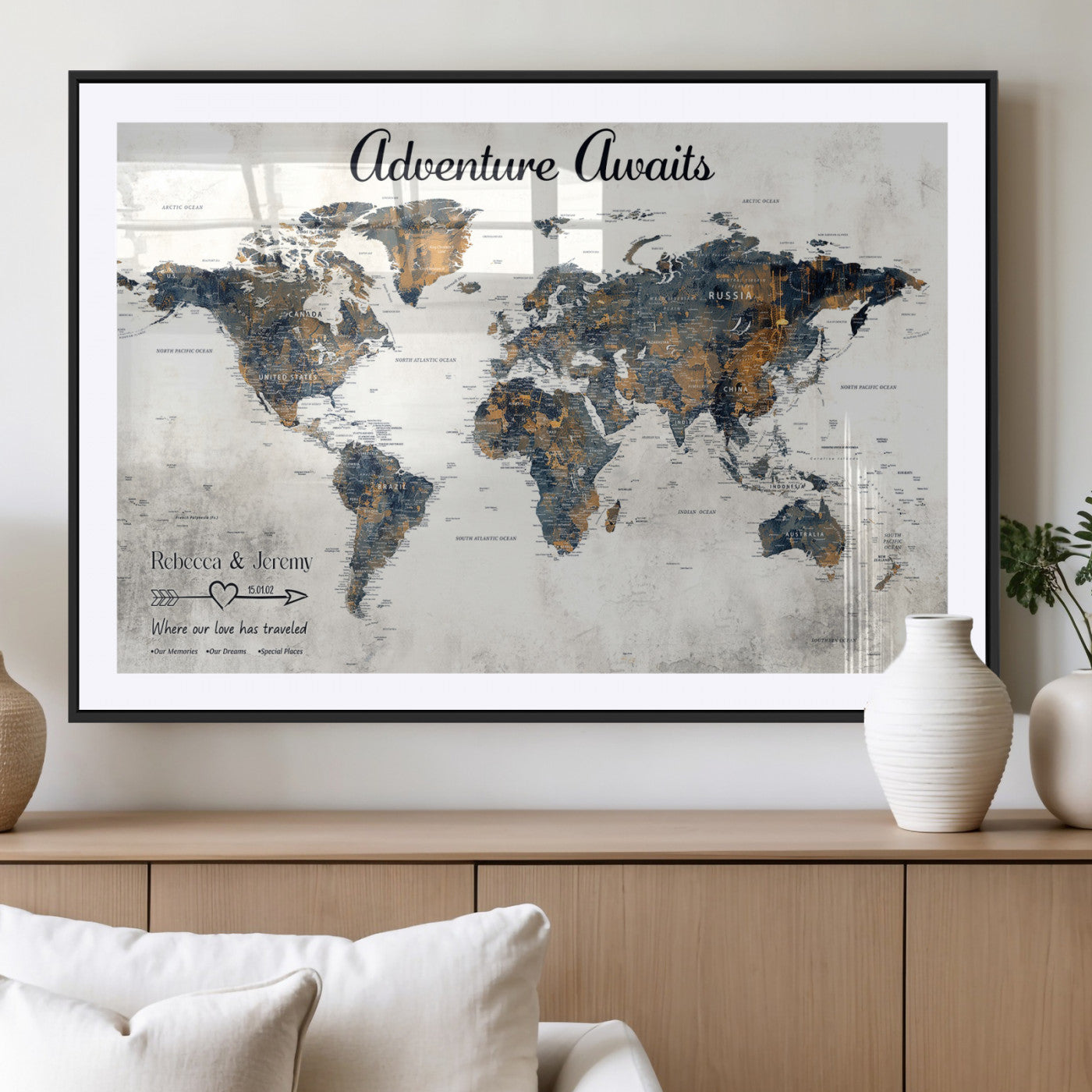 11751559-MGV-CV-36X24-Personalized World Map Wall Art – Elegant Adventure Travel Tracker Map for Couples & Families, Push Pin Canvas Poster Decor for Home, Office