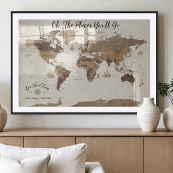 14140137-MGV-CV-36X24-Personalized World Map Wall Art – Vintage Nautical Adventure Map with Ships and Compass, Rustic Sepia Tones for Travel Lovers and