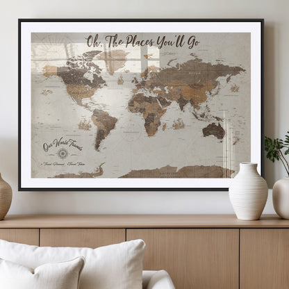 14140137-MGV-CV-36X24-Personalized World Map Wall Art – Vintage Nautical Adventure Map with Ships and Compass, Rustic Sepia Tones for Travel Lovers and