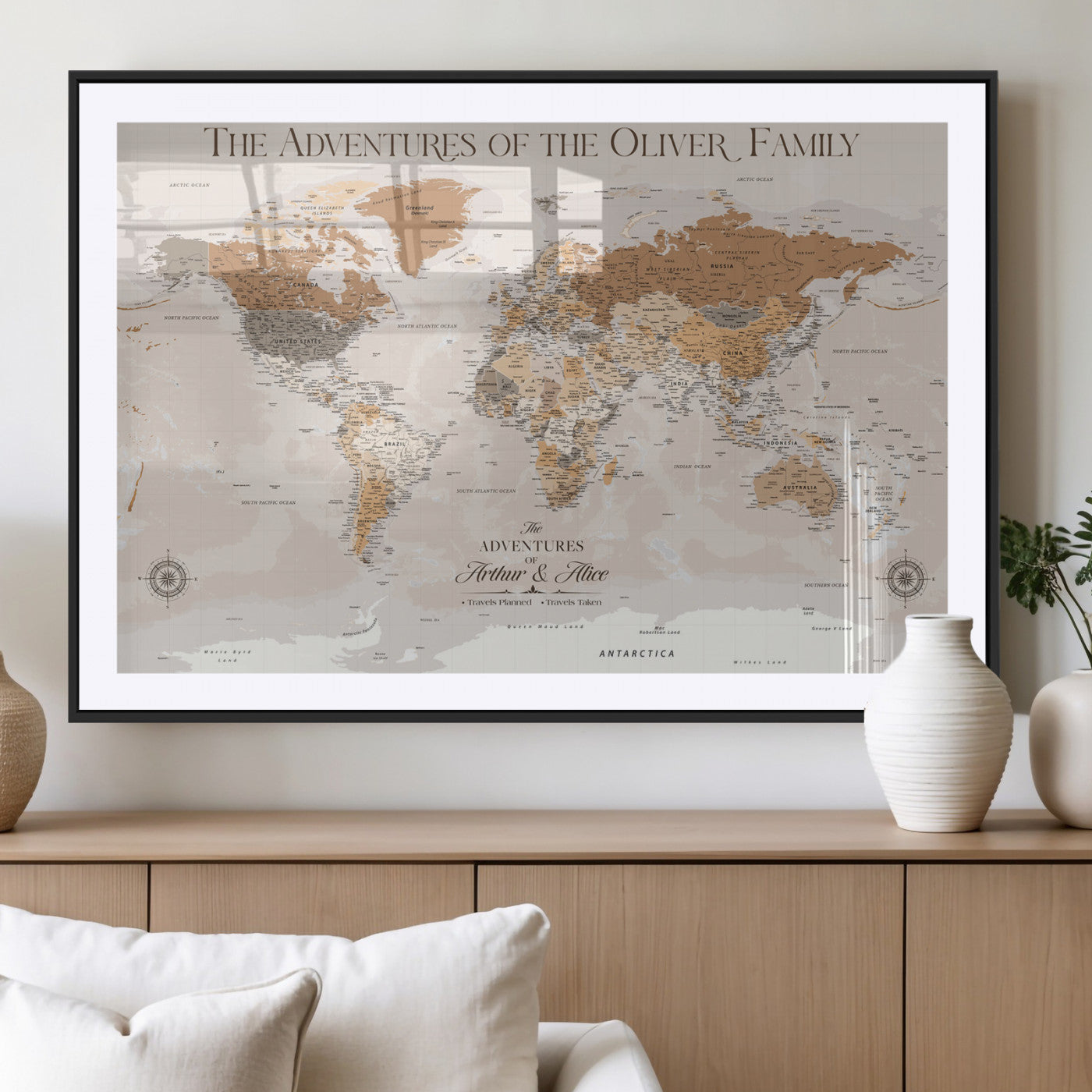 34289723-MGV-CV-36X24-Personalized World Map Wall Art – Elegant Beige and Brown Adventure Map Canvas Print for Family Home, Living Room, Study or Office