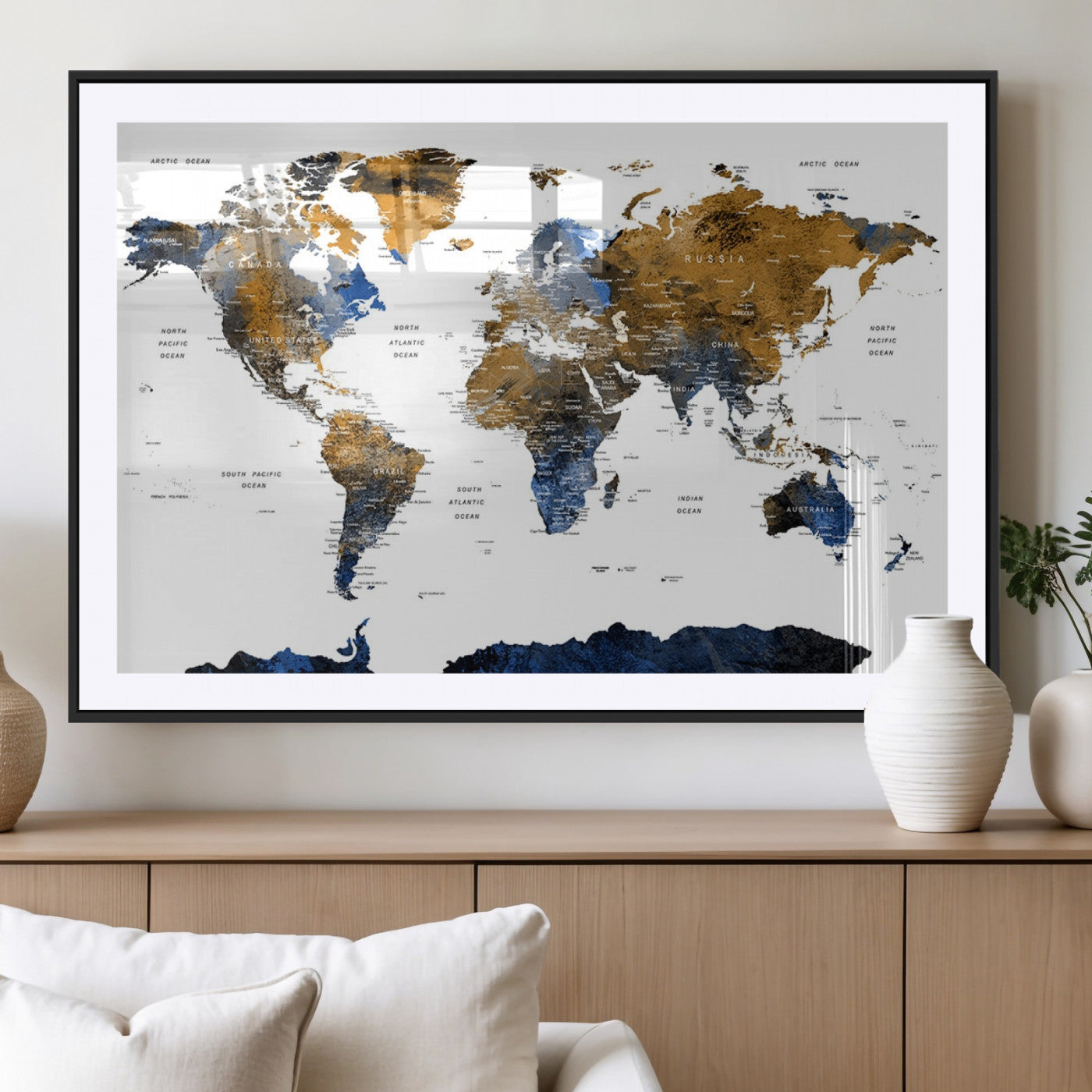 MGC-FP-36x24 - World Map Wall Art Canvas Print, Framed Blue Gold Map Art Picture Print, Rustic Atlas Perfect Rustic Modern Decor Artwork