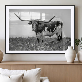 83785-MGC-FP-36x24_Black-Texas Longhorn Wall Art Canvas Print, Framed Horned Bull Art Picture Print, Monochrome Cattle Perfect Rustic Western Decor Artwork