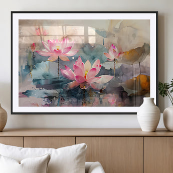 18414-MGV-CV-36X24-Pink Lotus Wall Art Canvas Print, Framed Water Lily Art Picture Print, Dreamy Floral Perfect Dreamy Botanical Decor Artwork