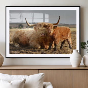 88780-MGV-CV-36X24-Highland Cow Wall Art Canvas Print, Framed Cow Calf Art Picture Print, Scottish Cattle Perfect Rustic Farmhouse Decor Artwork