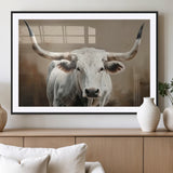 63550-MGC-FP-36x24_Black-Texas Longhorn Wall Art Canvas Print, Framed White Bull Art Picture Print, Horned Cattle Perfect Rustic Western Decor Artwork
