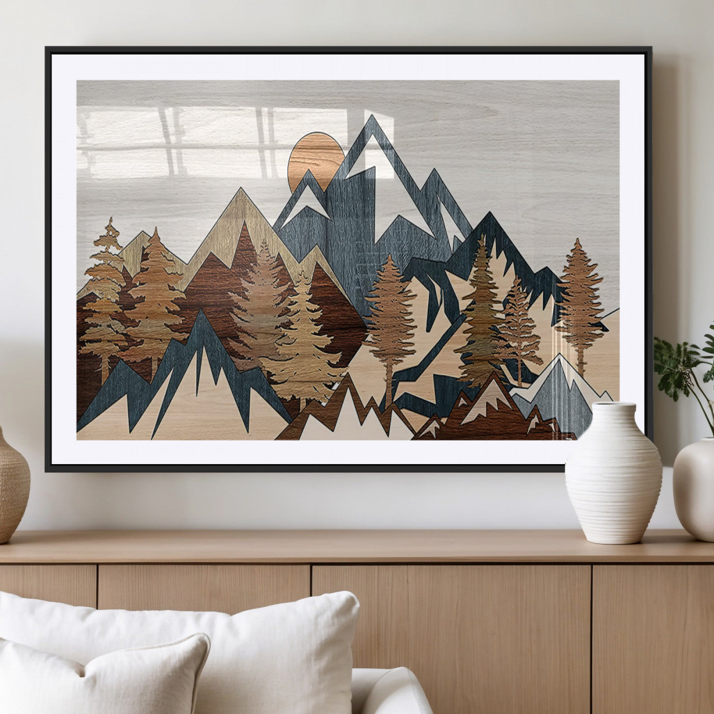 80300-MGC-FP-36x24_Black-Geometric Mountains Wall Art Canvas Print, Framed Stylized Trees Art Picture Print, Graphic Forest Perfect Rustic Abstract Decor