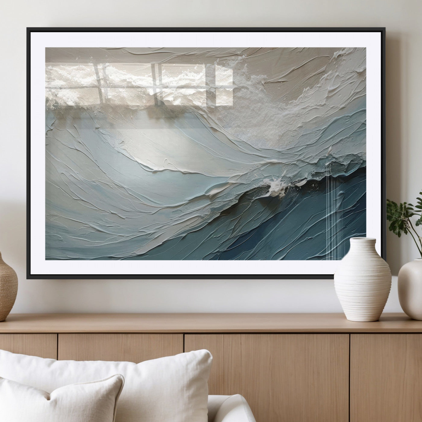 53646-MGV-CV-36X24-Ocean Wave Wall Art Canvas Print, Framed Textured Seascape Art Picture Print, Modern Ocean Perfect Minimal Coastal 2/2 Decor