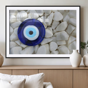 48883-MGV-CV-36X24-Evil Eye Wall Art – Deep Blue Symbol of Presence and Calm on White Stones, Subtle Spiritual Decor for Entryway, Studio, Office or