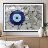 48883-MGV-CV-36X24-Evil Eye Wall Art – Deep Blue Symbol of Presence and Calm on White Stones, Subtle Spiritual Decor for Entryway, Studio, Office or