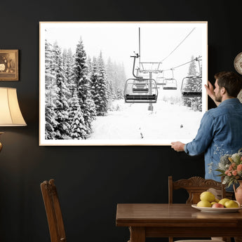 70609-MGV-CV-36X24 - Snowy Ski Lift Wall Art – Black and White Winter Mountain Landscape Canvas Print, Rustic Lodge Decor for Cabin, Living Room or Office