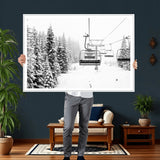 70609-MGV-CV-36X24 - Snowy Ski Lift Wall Art – Black and White Winter Mountain Landscape Canvas Print, Rustic Lodge Decor for Cabin, Living Room or Office