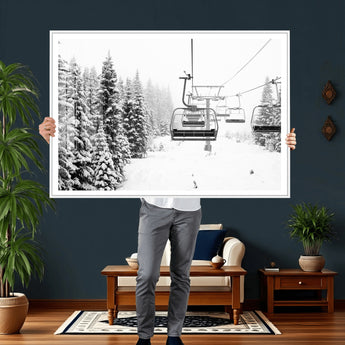 70609-MGV-CV-36X24 - Snowy Ski Lift Wall Art – Black and White Winter Mountain Landscape Canvas Print, Rustic Lodge Decor for Cabin, Living Room or Office