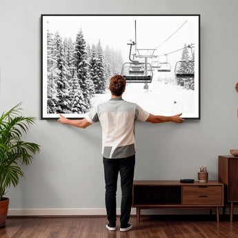 70609-MGV-CV-36X24 - Snowy Ski Lift Wall Art – Black and White Winter Mountain Landscape Canvas Print, Rustic Lodge Decor for Cabin, Living Room or Office