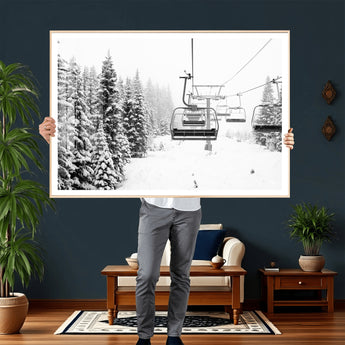 70609-MGV-CV-36X24 - Snowy Ski Lift Wall Art – Black and White Winter Mountain Landscape Canvas Print, Rustic Lodge Decor for Cabin, Living Room or Office