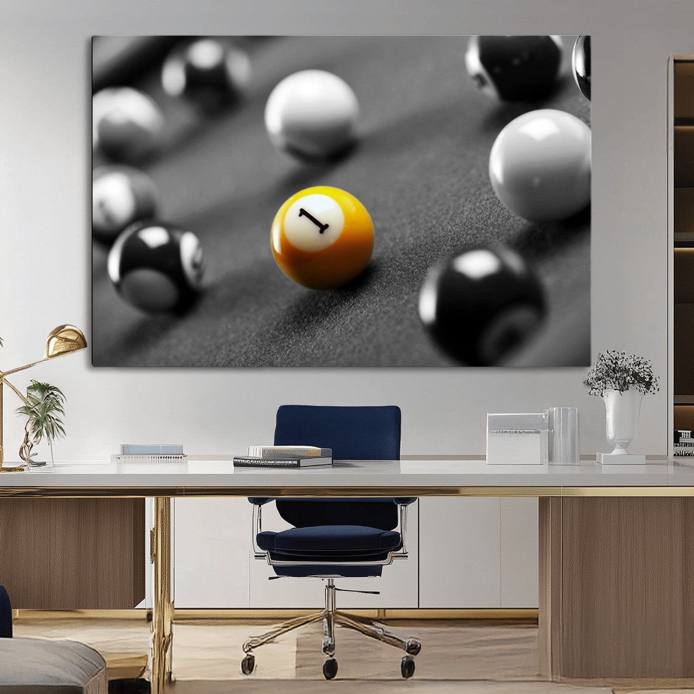 52108-MGV-CV-36X24-Precision Pool Table Wall Art – Close Up Yellow 1 Ball Canvas Print, Hand-Played Billiards Game Decor for Office, Game Room, or