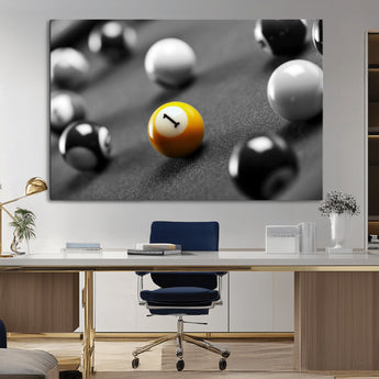52108-MGV-CV-36X24-Precision Pool Table Wall Art – Close Up Yellow 1 Ball Canvas Print, Hand-Played Billiards Game Decor for Office, Game Room, or