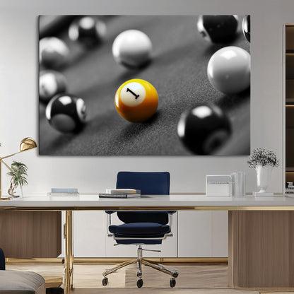 52108-MGV-CV-36X24-Precision Pool Table Wall Art – Close Up Yellow 1 Ball Canvas Print, Hand-Played Billiards Game Decor for Office, Game Room, or