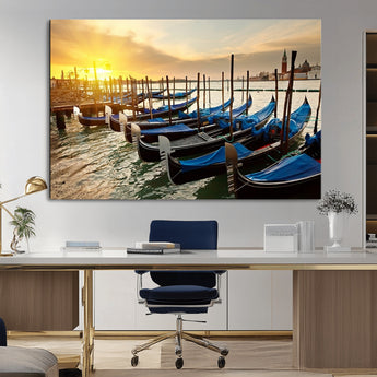 25872-MGV-CV-36X24-Venetian Gondola Dock Wall Art – Serene Sunset Canal Canvas Print, Tranquil Water Travel Decor for Office, Living Room, or Man