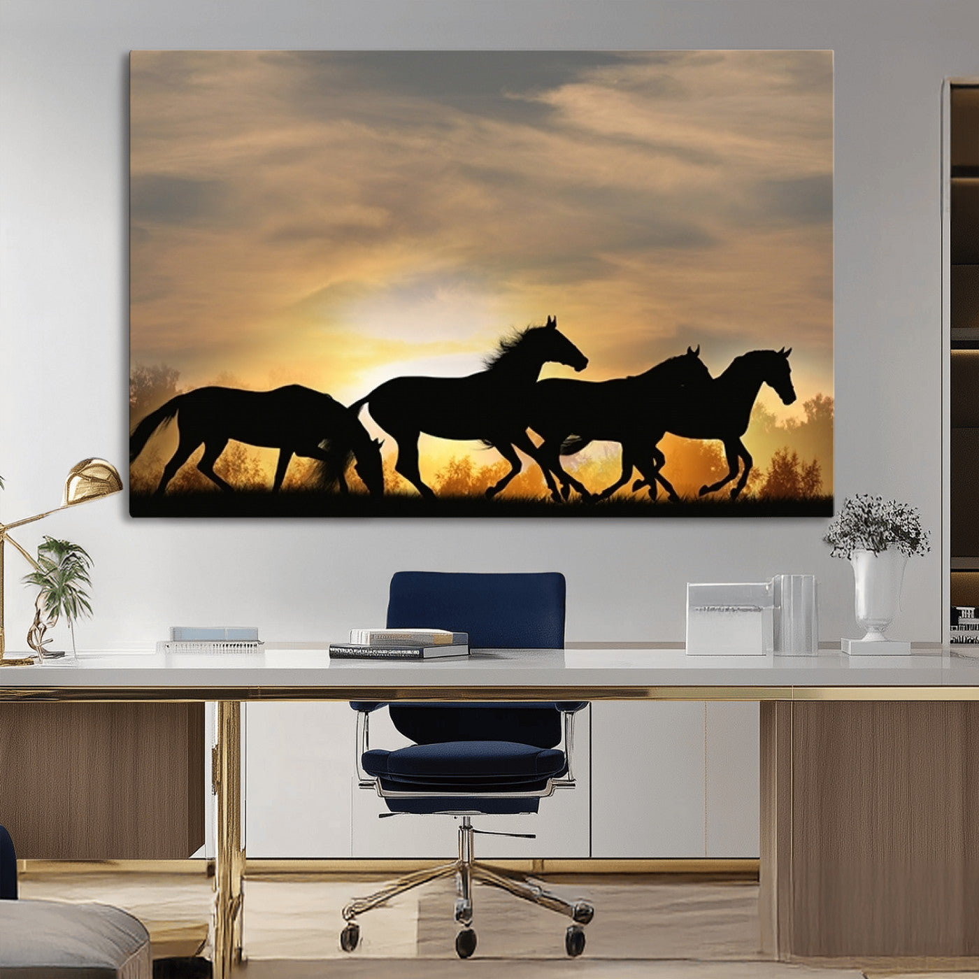 16620-MGV-CV-36X24-Sunset Stallions Wall Art – Silhouetted Horses Running Canvas Print, Nature’s Rhythm, Perfect for Living Room, Office, or Man Cave