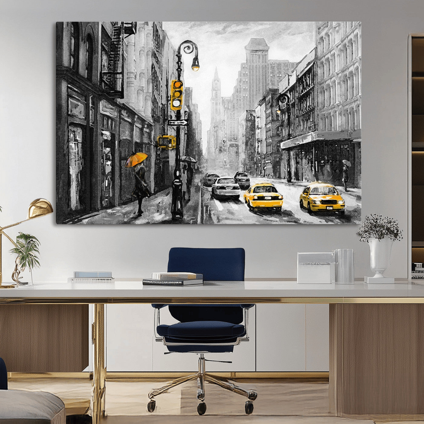 32362-MGV-CV-36X24-NYC Street Wall Art – Black and White Cityscape with Yellow Taxis and Umbrella Canvas Print, Urban Home Decor for Living Room or