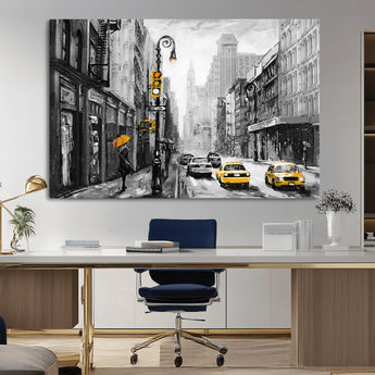 32362-MGV-CV-36X24-NYC Street Wall Art – Black and White Cityscape with Yellow Taxis and Umbrella Canvas Print, Urban Home Decor for Living Room or