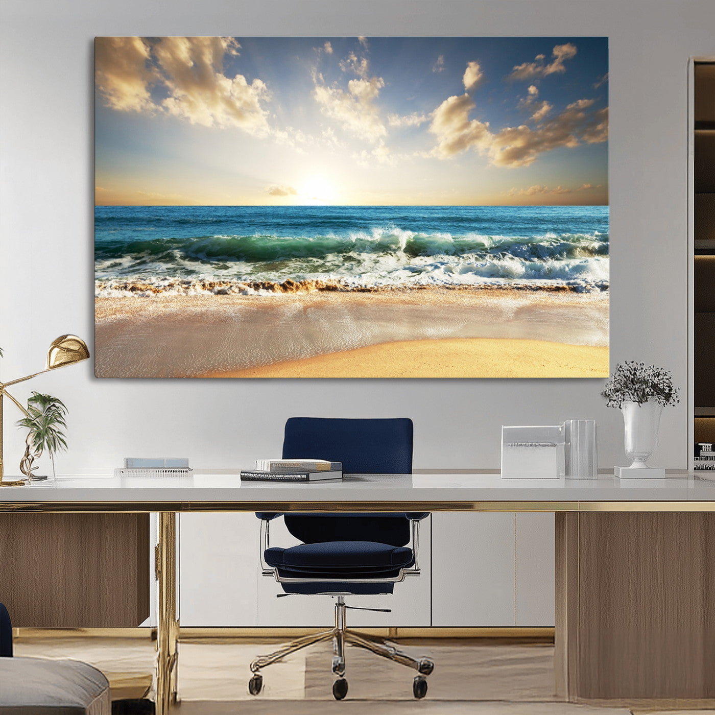 13139-MGV-CV-36X24-Sunrise Beach Wall Art – Ocean Waves and Golden Sand Canvas Print, Coastal Home Decor for Living Room, Bedroom, or Office