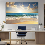 13139-MGV-CV-36X24-Sunrise Beach Wall Art – Ocean Waves and Golden Sand Canvas Print, Coastal Home Decor for Living Room, Bedroom, or Office