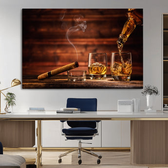 91042-MGV-CV-36X24-Whiskey & Cigar Wall Art – Elegant Whiskey Pour and Smoldering Cigar Canvas Print, Sophisticated Bar or Lounge Decor for Home,