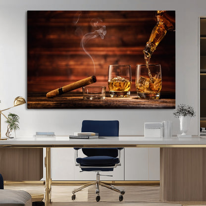 91042-MGV-CV-36X24-Whiskey & Cigar Wall Art – Elegant Whiskey Pour and Smoldering Cigar Canvas Print, Sophisticated Bar or Lounge Decor for Home,