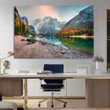 25982-MGV-CV-36X24-Autumn Mountain Lake Wall Art – Panoramic Fall Foliage and Snowy Peaks Canvas Print, Scenic Nature Decor for Living Room or Office