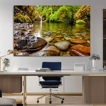 98096-MGV-CV-36X24-Serene River Waterfall Nature Photo – Calm Clear Water, Vibrant Green Forest and Smooth Stones Landscape Wall Art for Home or