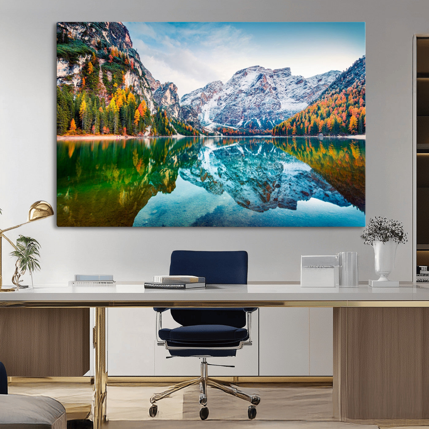 10402-MGV-CV-36X24-Snowy Mountain Lake Wall Art – Autumn Landscape Canvas Print with Reflection, Nature Decor for Living Room, Office, Bedroom or