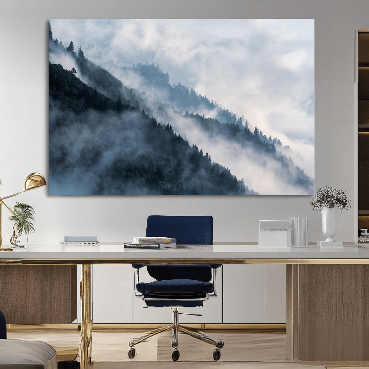85737-MGV-CV-36X24-Misty Mountain Wall Art – Atmospheric Pine Forest Canvas Print with Fog and Mist, Calm Nature Decor for Living Room, Bedroom,