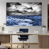 36012-MGV-CV-36X24-Dramatic Stormy Ocean Waves Black and White with Deep Blue Highlights – Moody Seascape Wall Art, Nature Photography Print for Home