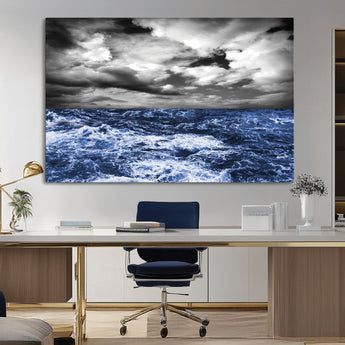 36012-MGV-CV-36X24-Dramatic Stormy Ocean Waves Black and White with Deep Blue Highlights – Moody Seascape Wall Art, Nature Photography Print for Home