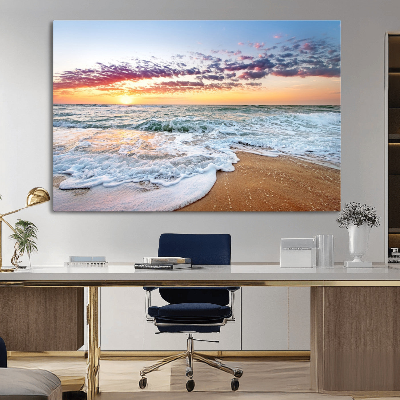39560-MGV-CV-36X24-Sunrise Beach Wall Art – Vibrant Ocean Waves and Golden Sand Canvas Print, Seaside Coastal Decor for Living Room, Bedroom or
